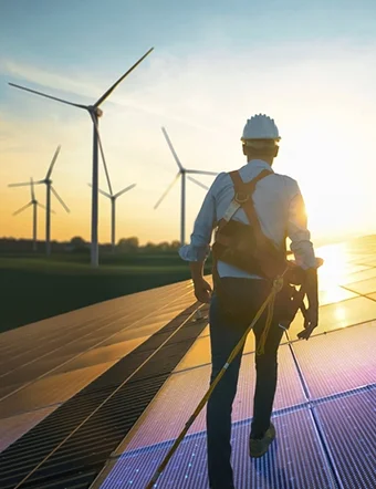 an engineer walking on panels on a roof
